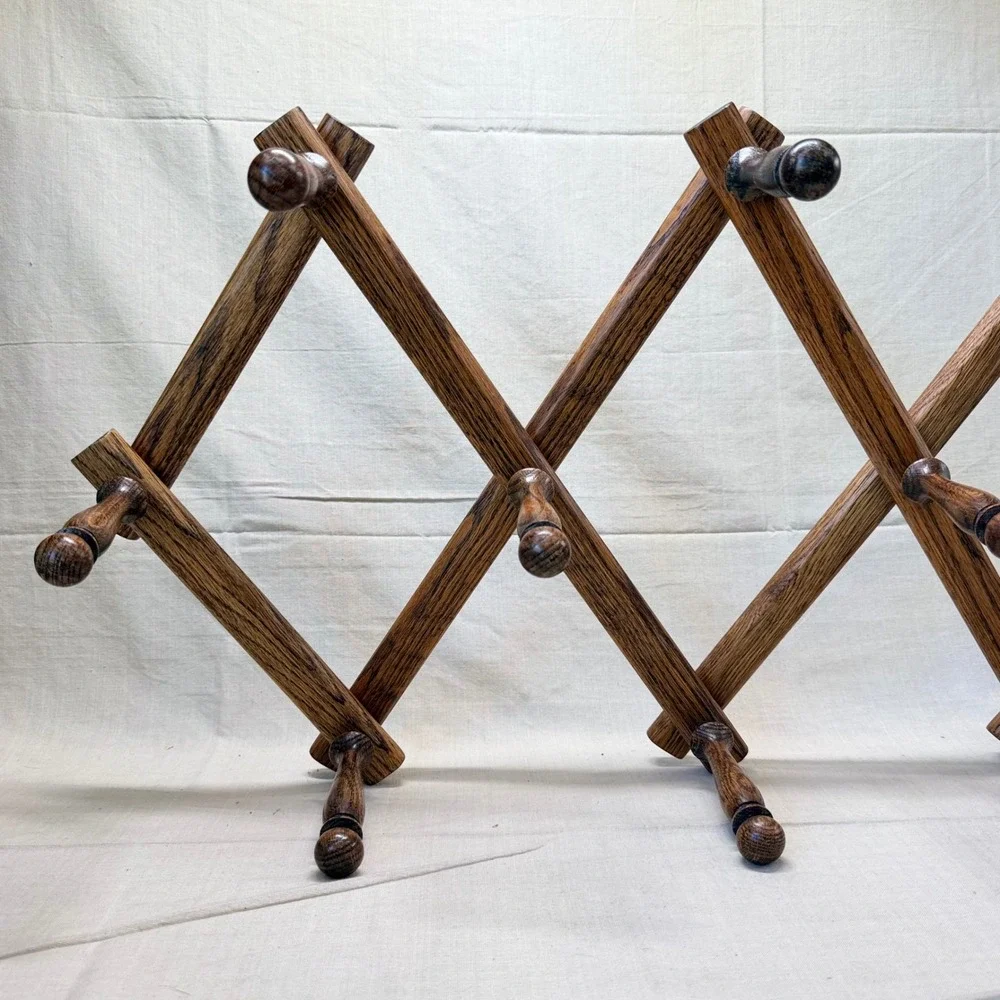 Vintage Wooden Accordion Wall Rack Expandable Peg Entryway Coat Hooks Solid Oak